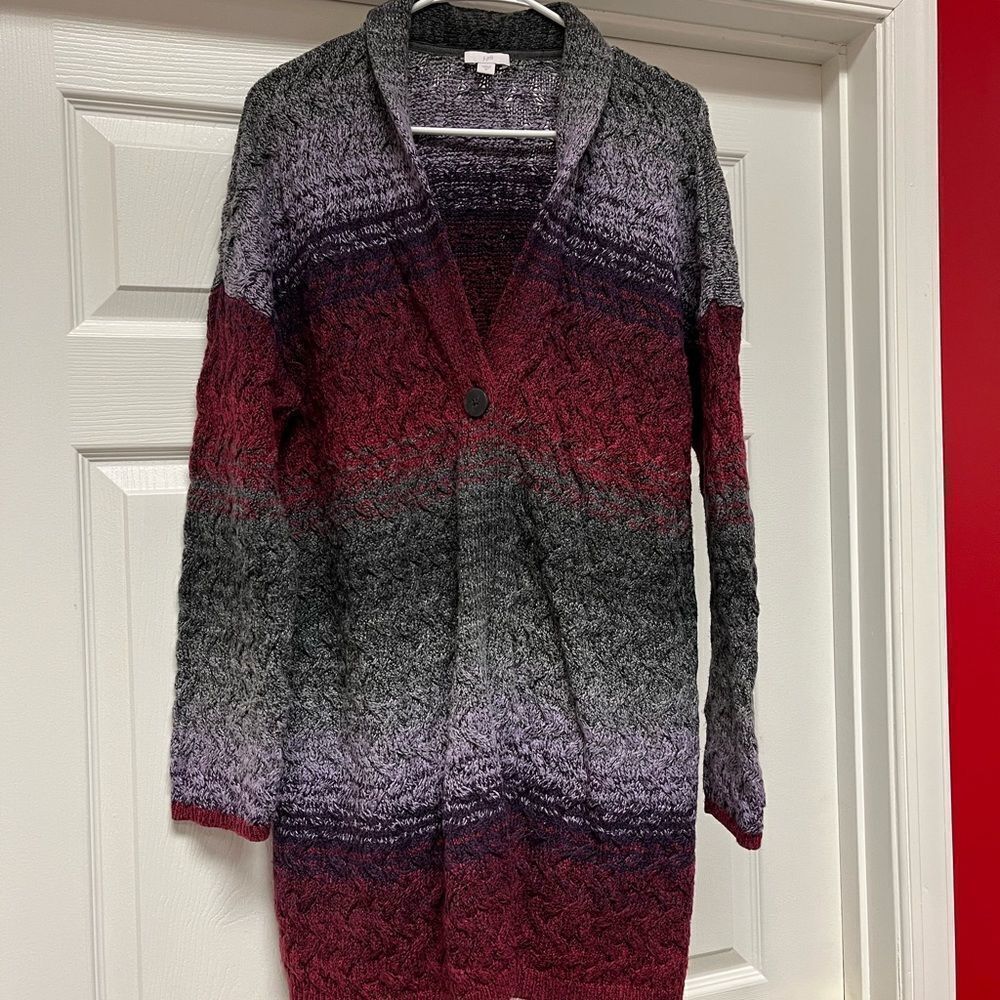 J. Jill Gray Purple Long Cable Knit Cardigan Shaw Collar Cardigan sz M EUC